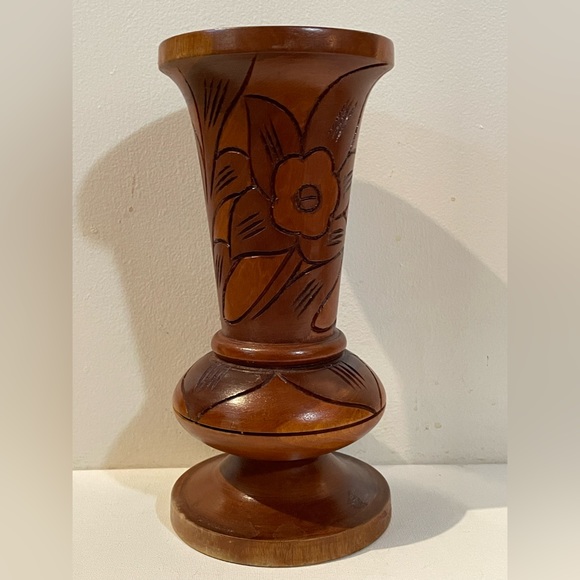 Vintage Hand Carved Wooden Pedestal Vase With Flower/Leaf Design 9” - Picture 7 of 11